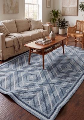 Saffron Rugs Hand Tufted Steel Blue Geometric Bohemian Rectangular Wool Area Rug
