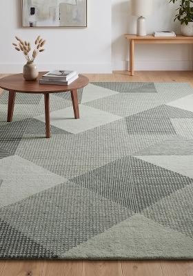 Saffron Rugs Hand Tufted Grey Green Geometric Contemporary Rectangular Wool Area Rug
