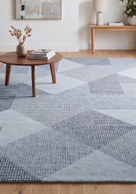 Saffron Rugs Hand Tufted Steel Blue Grey Geometric Contemporary Rectangular Wool Area Rug
