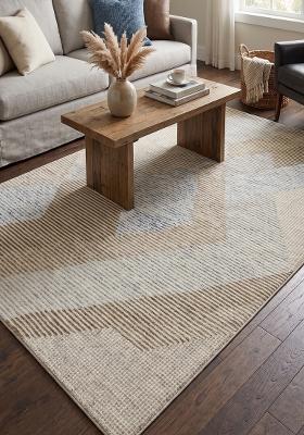 Saffron Rugs Hand Tufted Beige Tan Blue Geometric Contemporary Rectangular Wool Area Rug