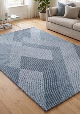 Saffron Rugs Hand Tufted Steel Blue Geometric Contemporary Rectangular Wool Area Rug
