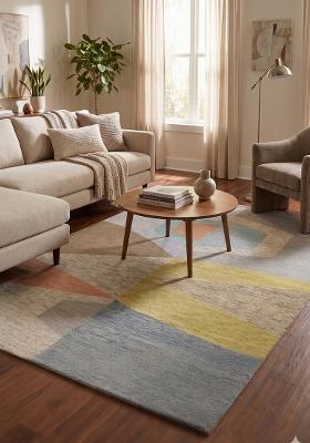 Saffron Rugs Hand Tufted Multicolor Grey Geometric Mid-Century Modern Rectangular Wool Area Rug