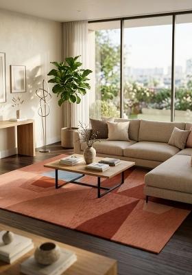 Saffron Rugs Hand Tufted Dusty Peach Geometric Mid-Century Modern Rectangular Wool Area Rug