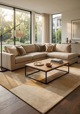 Saffron Rugs Hand Tufted Warm Gold Beige Geometric Mid-Century Modern Rectangular Wool Area Rug