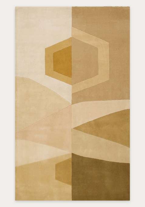 100% Wool Handmade Warm Gold Beige Rug | Mid Century Modern Geometric Carpet With Cotton Backing For Living Room