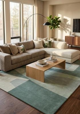 Saffron Rugs Hand Tufted Sage Green Geometric Mid-Century Modern Rectangular Wool Area Rug
