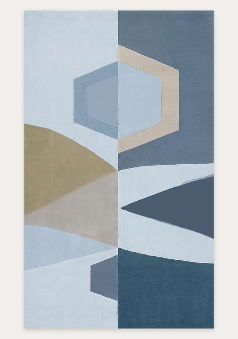 100% Wool Handmade Light Blue Grey Rug | Mid Century Modern Geometric Carpet With Cotton Backing For Living Room