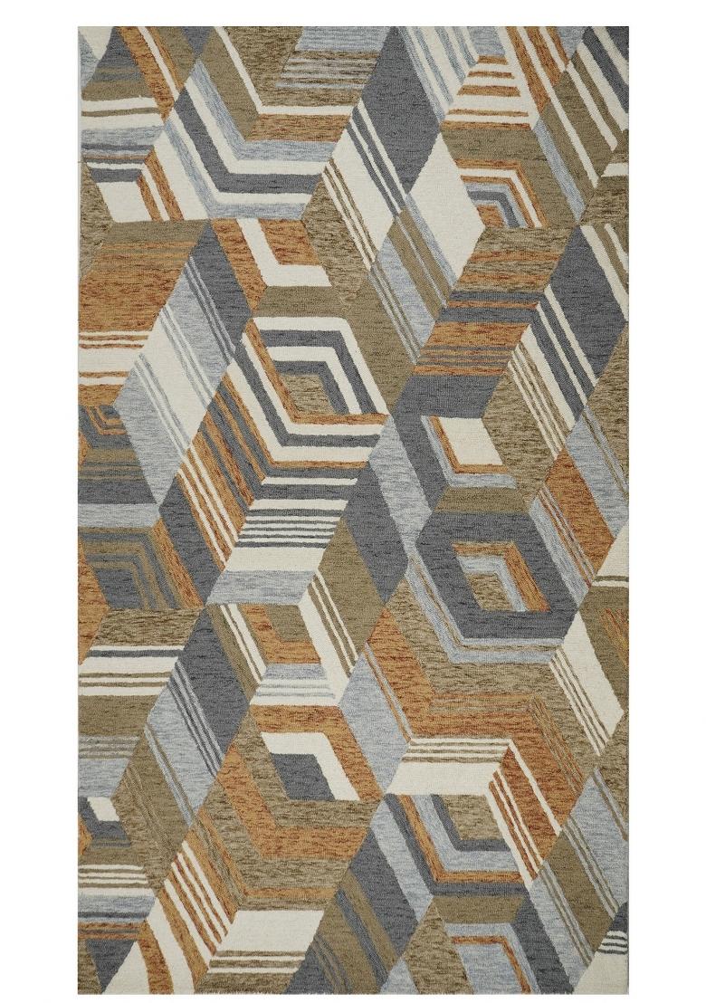 Saffron Rugs Hand Tufted Grey and Orange Geometric Mid-Century Modern Rectangular Wool Area Rug - Indya
