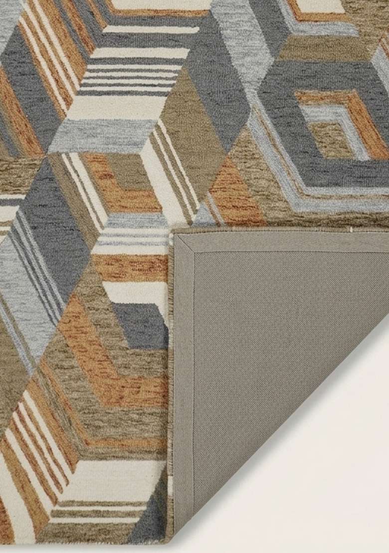 100% Wool Handmade Grey And Orange Rug | Mid Century Modern Geometric Carpet With Cotton Backing For Living Room - Indya