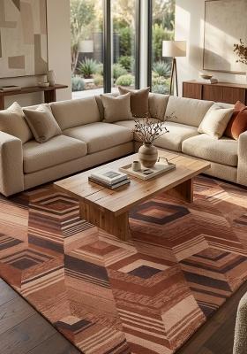 Saffron Rugs Hand Tufted Terracotta Brown Geometric Mid-Century Modern Rectangular Wool Area Rug