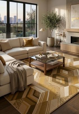 Saffron Rugs Hand Tufted Golden Brown Geometric Mid-Century Modern Rectangular Wool Area Rug