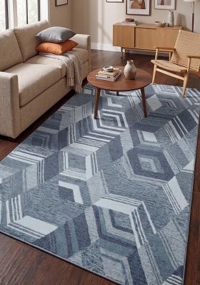 Saffron Rugs Hand Tufted Steel Blue Geometric Mid-Century Modern Rectangular Wool Area Rug