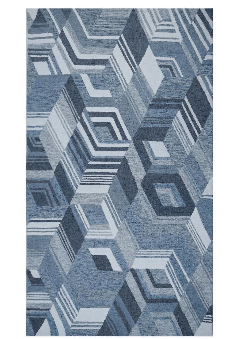 Saffron Rugs Hand Tufted Steel Blue Geometric Mid-Century Modern Rectangular Wool Area Rug - Indya