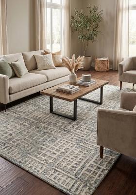 Saffron Rugs Hand Tufted Blue Grey Cream Geometric Contemporary Rectangular Wool Area Rug