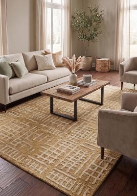 Saffron Rugs Hand Tufted Golden Ochre Geometric Contemporary Rectangular Wool Area Rug