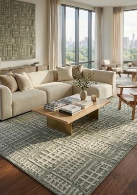 Saffron Rugs Hand Tufted Sage Green Geometric Contemporary Rectangular Wool Area Rug
