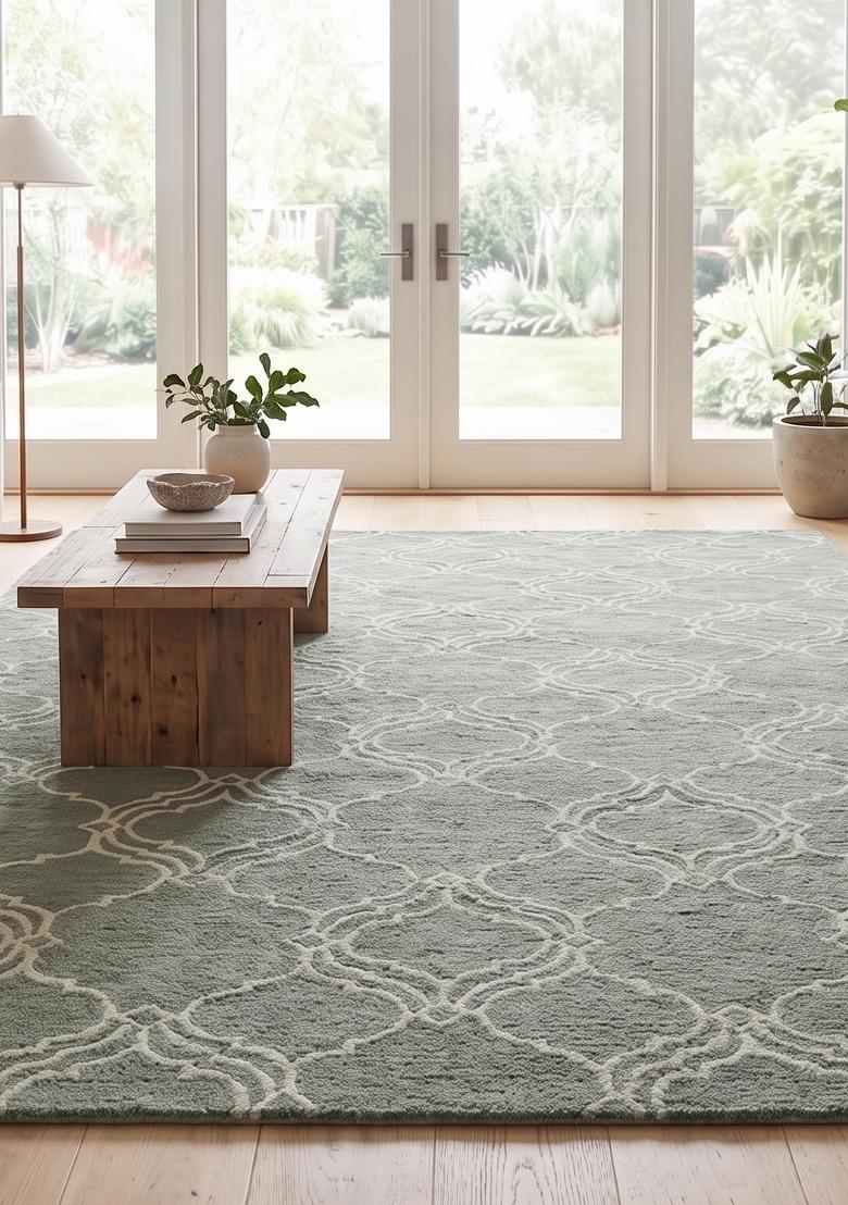 Saffron Rugs Hand Tufted Sage Green Trellis Moroccan Rectangular Wool Area Rug - Indya