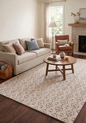Saffron Rugs Hand Tufted Ivory Cream Gold Trellis Moroccan Rectangular Wool Area Rug