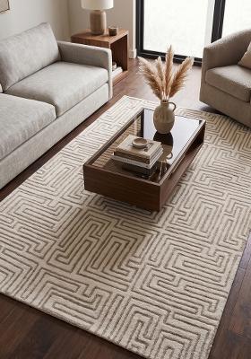 Saffron Rugs Hand Tufted Ivory Beige Geometric Contemporary Rectangular Wool Area Rug