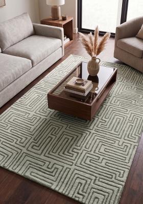 Saffron Rugs Hand Tufted Sage Green Geometric Contemporary Rectangular Wool Area Rug