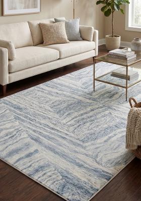 Saffron Rugs Hand Tufted Blue Ivory Marble Contemporary Rectangular Wool Area Rug