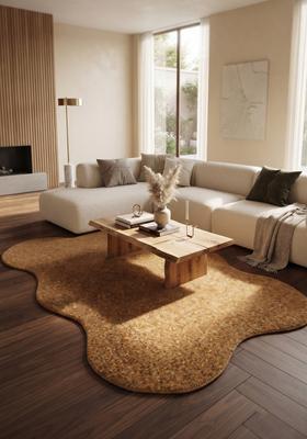 Saffron Rugs Hand Tufted Warm Mustard Brown Solid  Scalloped Wool Area Rug