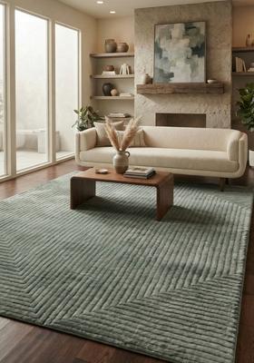 Saffron Rugs Hand Tufted Sage Green Geometric  Rectangular Wool Area Rug