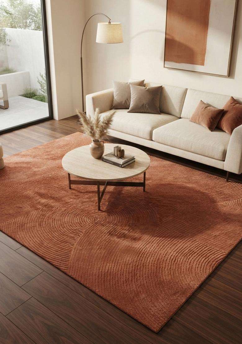 100% Wool Handmade Terracotta Rug | Contemporary Swirls Carpet With Cotton Backing For Living Room - Indya