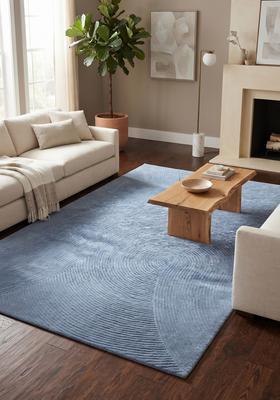 Saffron Rugs Hand Tufted Light Steel Blue Swirls  Rectangular Wool Area Rug