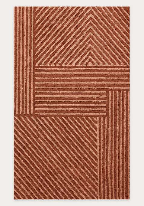 100% Wool Handmade Terracotta Rug | Contemporary Geometric Carpet With Cotton Backing For Living Room