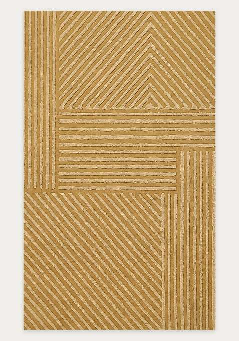 100% Wool Handmade Golden Yellow Rug | Contemporary Geometric Carpet With Cotton Backing For Living Room