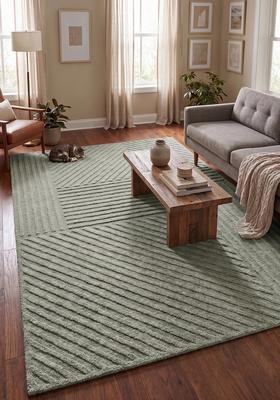 Saffron Rugs Hand Tufted Sage Green Geometric  Rectangular Wool Area Rug