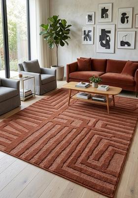 Saffron Rugs Hand Tufted Terracotta Brown Geometric  Rectangular Wool Area Rug