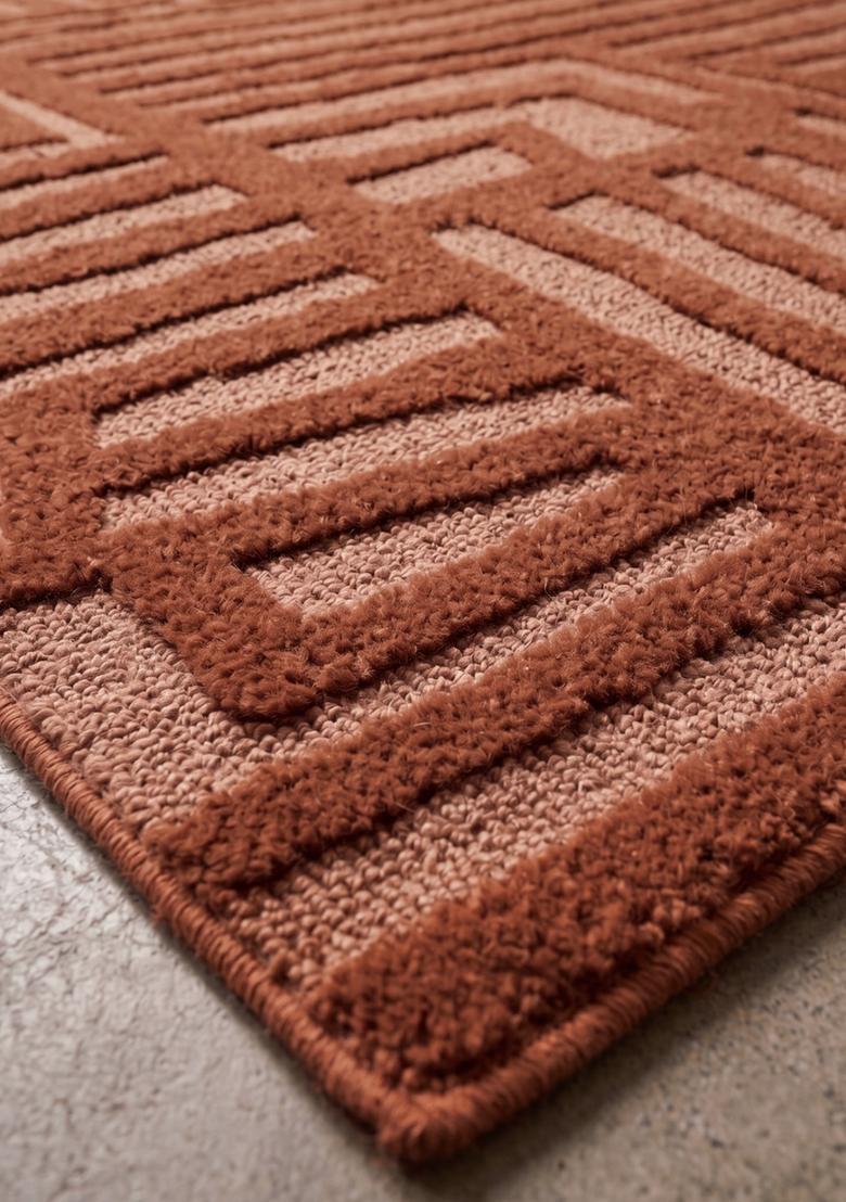 Saffron Rugs Hand Tufted Terracotta Brown Geometric  Rectangular Wool Area Rug - Indya