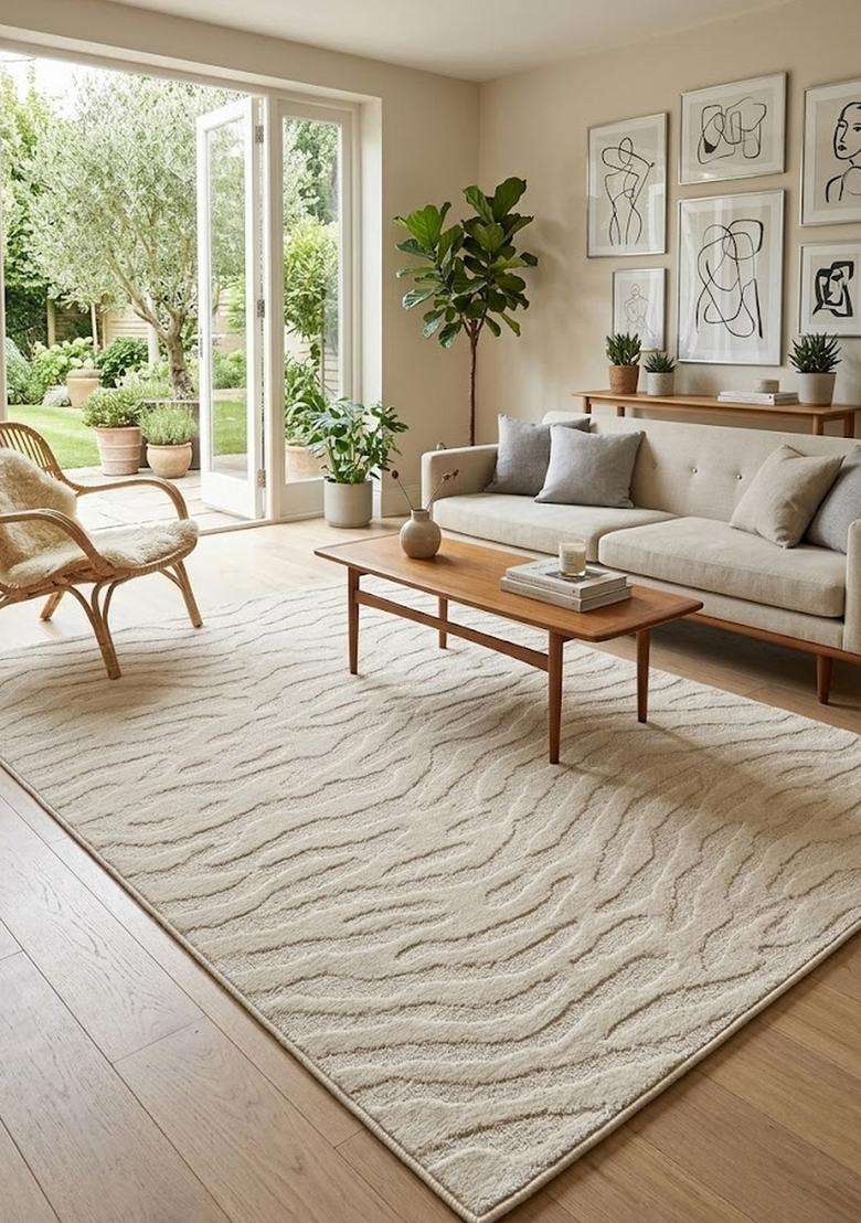 100% Wool Handmade Cream Rug | Contemporary Swirls Carpet With Cotton Backing For Living Room - Indya