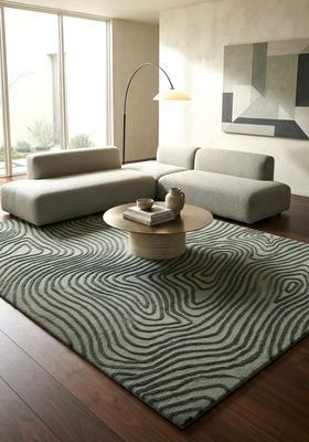 Saffron Rugs Hand Tufted Sage Green Swirls  Rectangular Wool Area Rug