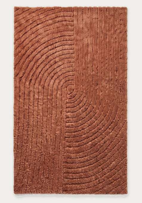 100% Wool Handmade Terracotta Brown Rug | Contemporary Swirls Carpet With Cotton Backing For Living Room