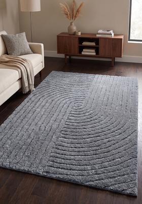 Saffron Rugs Hand Tufted Steel Blue Grey Swirls  Rectangular Wool Area Rug