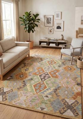 Saffron Rugs Hand Tufted Multicolor Gold Green Blue Geometric  Rectangular Wool Area Rug