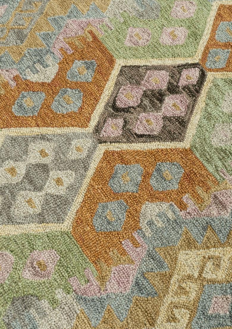 Saffron Rugs Hand Tufted Multicolor Gold Green Blue Geometric  Rectangular Wool Area Rug - Indya