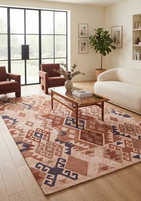 Saffron Rugs Hand Tufted Terracotta Peach Geometric  Rectangular Wool Area Rug