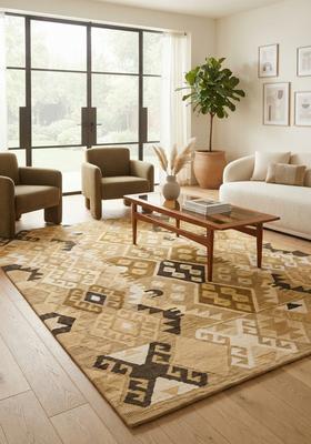 Saffron Rugs Hand Tufted Golden Tan Geometric  Rectangular Wool Area Rug