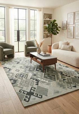 Saffron Rugs Hand Tufted Sage Grey Geometric  Rectangular Wool Area Rug
