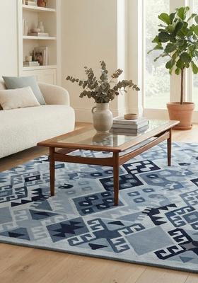 Saffron Rugs Hand Tufted Steel Blue Geometric  Rectangular Wool Area Rug