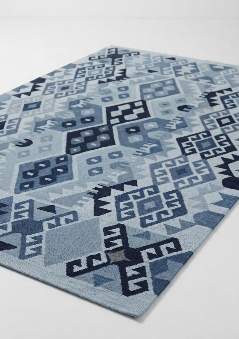 Saffron Rugs Hand Tufted Steel Blue Geometric  Rectangular Wool Area Rug - Indya