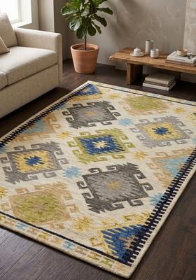 Saffron Rugs Hand Tufted Multicolor Geometric  Rectangular Wool Area Rug