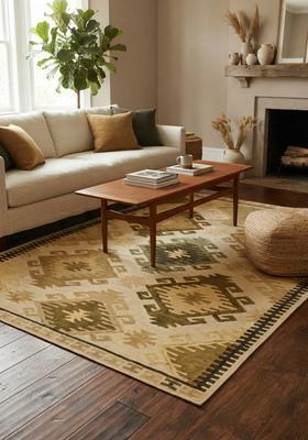 Saffron Rugs Hand Tufted Beige Gold Geometric  Rectangular Wool Area Rug