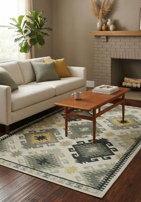 Saffron Rugs Hand Tufted Ivory Grey Green Geometric  Rectangular Wool Area Rug