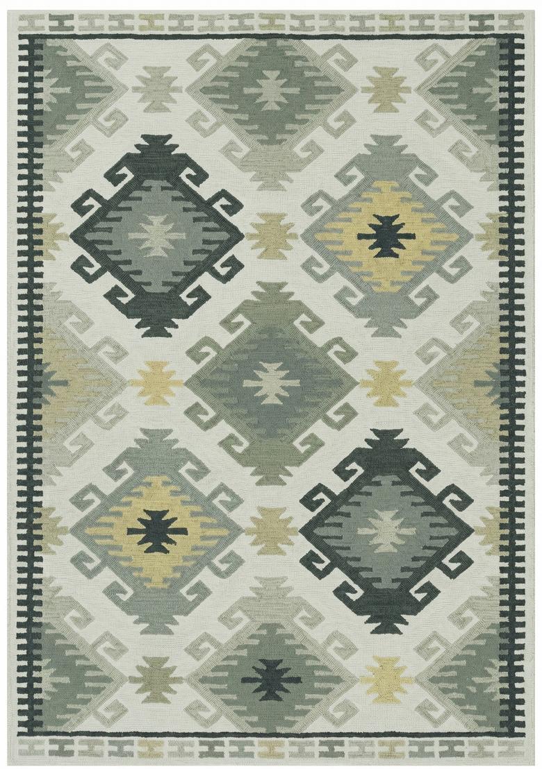 Saffron Rugs Hand Tufted Ivory Grey Green Geometric  Rectangular Wool Area Rug - Indya