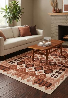 Saffron Rugs Hand Tufted Terracotta Brown Geometric  Rectangular Wool Area Rug